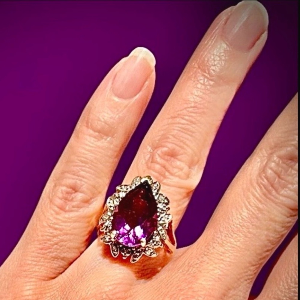 Stunning Zambian Amethyst & Diamond 14K Solid Gold Statement Ring